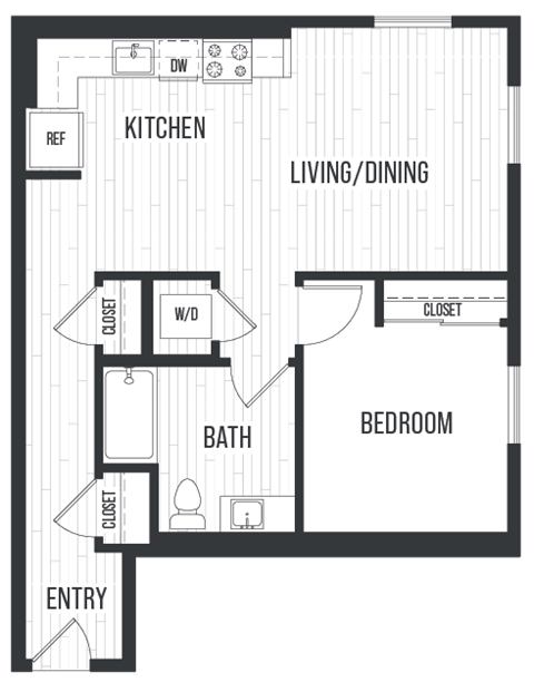 Floor plan for 1 bed, 1 bath, 841 sqft